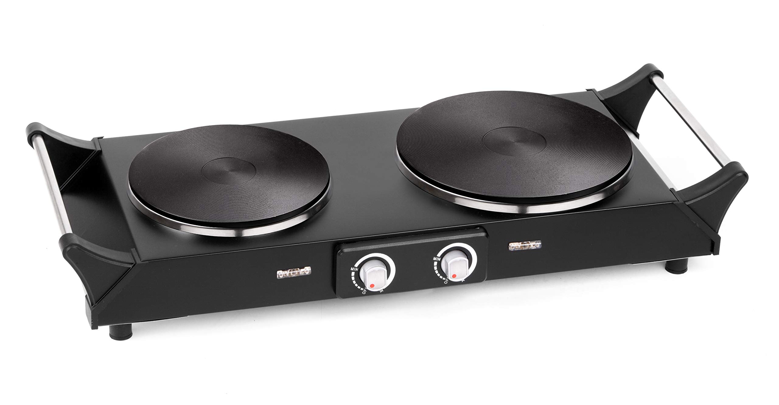 Techwood ES-3203 Hot Plate Electric Double Burner 1800W for Cooking with Adjustable Temperature & Stay Cool Handles, Black Stainless Steel, Compatible for All Cookwares