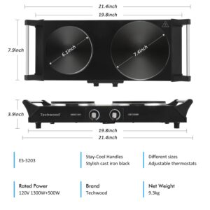 Techwood ES-3203 Hot Plate Electric Double Burner 1800W for Cooking with Adjustable Temperature & Stay Cool Handles, Black Stainless Steel, Compatible for All Cookwares