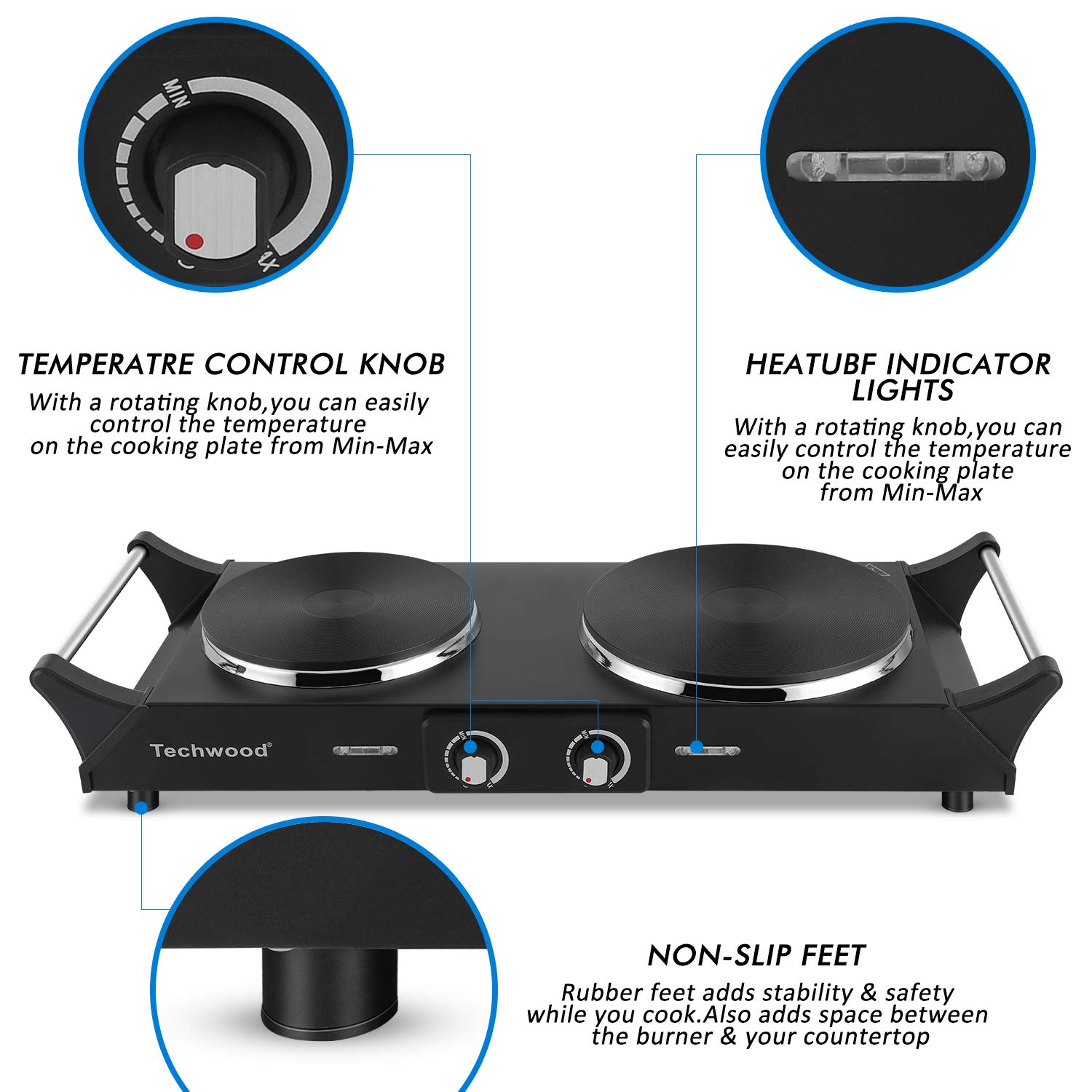 Techwood ES-3203 Hot Plate Electric Double Burner 1800W for Cooking with Adjustable Temperature & Stay Cool Handles, Black Stainless Steel, Compatible for All Cookwares