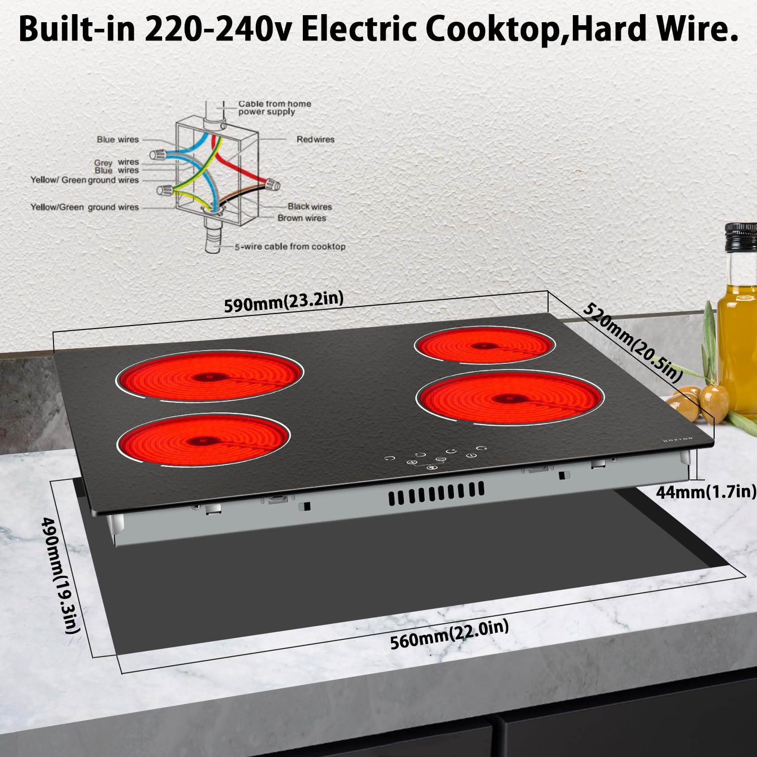 Noxton Ceramic Cooktop, Built-in 4 Burners Electric Stove Electric Cooker Hob With Touch Control Child Lock Timer Easy To Clean with Hard Wire 6000W 220~240V