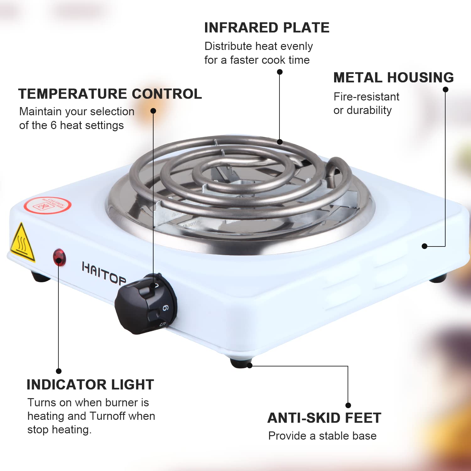 HAITOP Countertop Burner Electric Single Burner Stainless steel 1000 Watts Electric Hot Plate 6 Temperature Controls Power Indicator Lights Easy to Clean