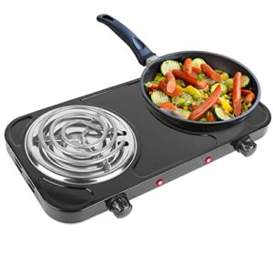 KOCASO Double Countertop Single Burner Electric Stove, 2000W Portable Coil Heating Hot Plate RV Hot Plate, with Non Slip Rubber Feet + 5 Temperature Adjustments, w/ 35in Plug Cord, Black