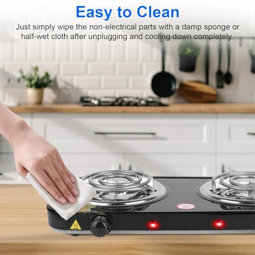 KOCASO Double Countertop Single Burner Electric Stove, 2000W Portable Coil Heating Hot Plate RV Hot Plate, with Non Slip Rubber Feet + 5 Temperature Adjustments, w/ 35in Plug Cord, Black