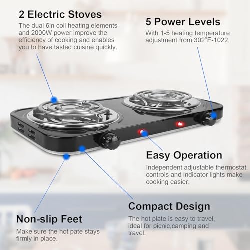 KOCASO Double Countertop Single Burner Electric Stove, 2000W Portable Coil Heating Hot Plate RV Hot Plate, with Non Slip Rubber Feet + 5 Temperature Adjustments, w/ 35in Plug Cord, Black