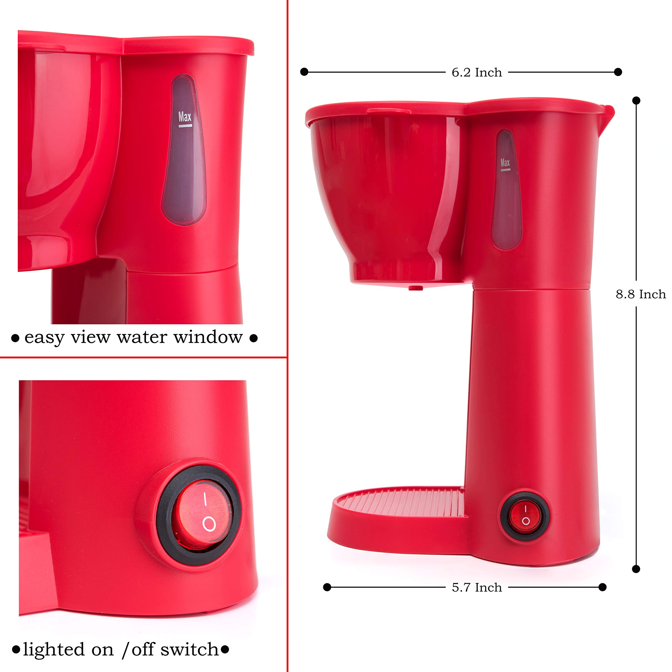 Mixpresso Mini Compact Drip coffee Maker With Brewing Basket, Red Small Coffee Pot, One Cup Brew, Gift For Men And Women, 10.5oz Red Coffee Maker