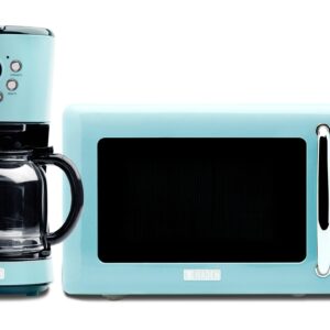 Haden Heritage 12 Cup Programmable Vintage Retro Home Coffee Maker Machine with Vintage Retro 0.7 Cu Ft 700W Countertop Microwave Oven, Blue