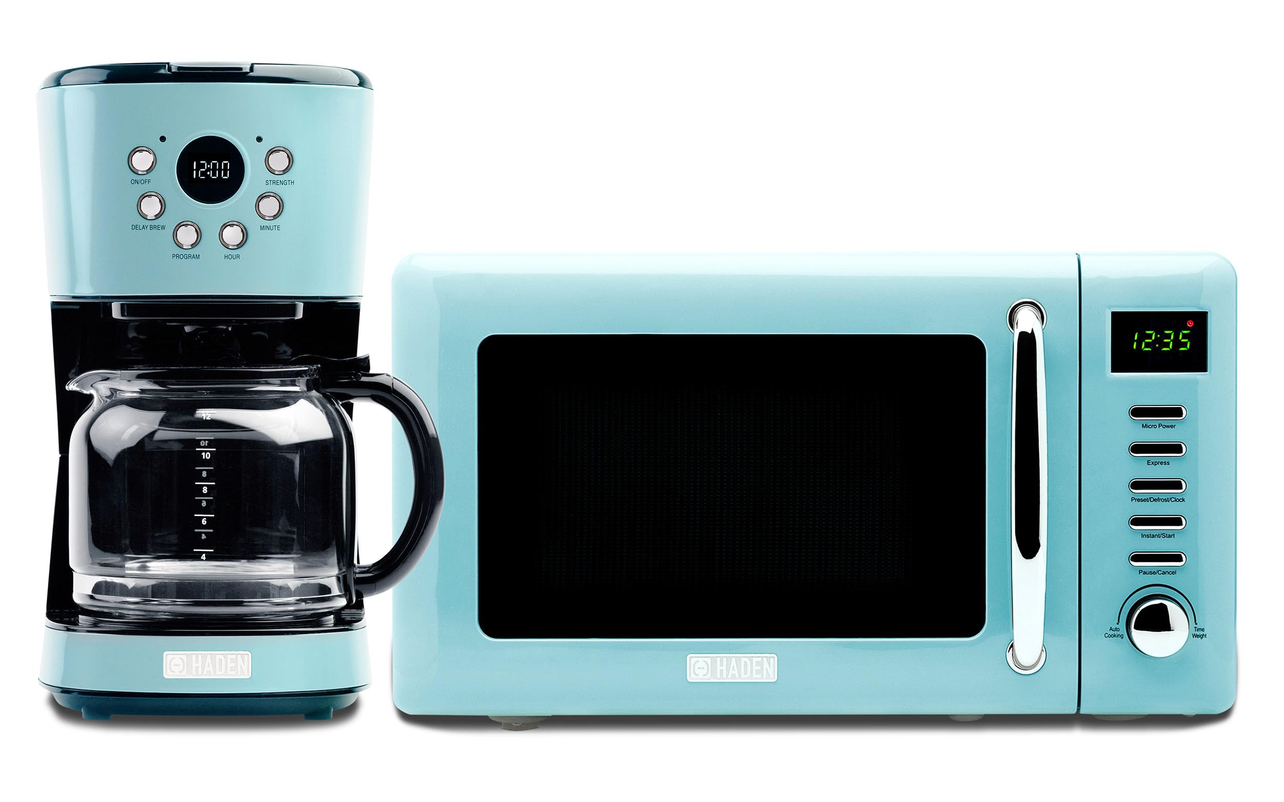 Haden Heritage 12 Cup Programmable Vintage Retro Home Coffee Maker Machine with Vintage Retro 0.7 Cu Ft 700W Countertop Microwave Oven, Blue