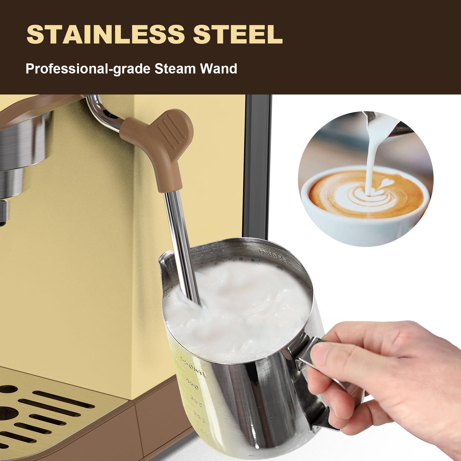 CAVDLE Espresso Machine 20 Bar, Professional Espresso Maker with Milk Frother Steam Wand, Compact Coffee Machine with 35oz Removable Water Tank for Cappuccino, Latte (Stainless Steel, Mocha Cream)