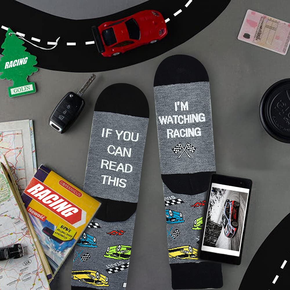 GOLIN Men Funny Race Car Crew Socks, Nascar f1 Racing Gift for Car Lover Dad Teen Boys