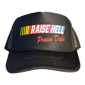 raise hell praise dale snapback trucker hat for men or women, vintage fit with funny novelty graphic, custom mesh cap black cap