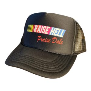 Raise Hell Praise Dale Snapback Trucker Hat for Men or Women, Vintage Fit with Funny Novelty Graphic, Custom Mesh Cap Black Cap