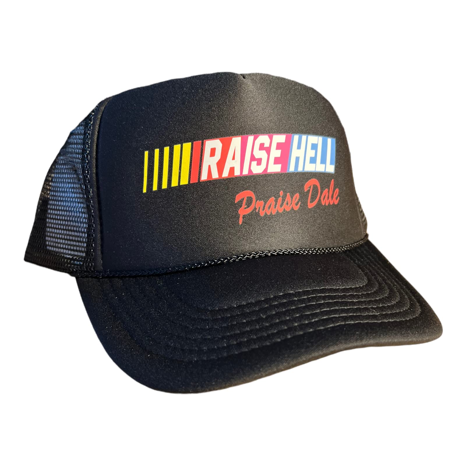 Raise Hell Praise Dale Snapback Trucker Hat for Men or Women, Vintage Fit with Funny Novelty Graphic, Custom Mesh Cap Black Cap