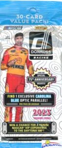 2023 panini donruss nascar racing huge factory sealed jumbo fat cello pack with 30 cards including exclusive carolina blue optic parallel card! look for 75th anniversary of nascar parallels! wowzzer!