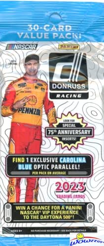 2023 Panini Donruss Nascar Racing HUGE Factory Sealed JUMBO FAT CELLO Pack with 30 Cards Including EXCLUSIVE CAROLINA BLUE OPTIC PARALLEL Card! Look for 75th Anniversary of Nascar Parallels! WOWZZER!