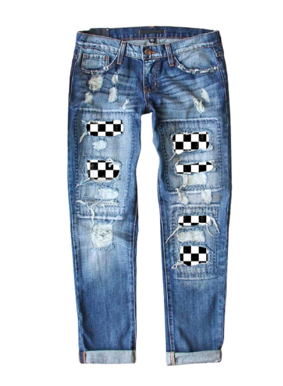 EVALESS Ripped Jeans for Women Boyfriend Distressed Patchwork Print Democracy Mom Jeans 2023 Fashion Wide Leg Losse Baggy Racing Denim Pants with Hole Blue Medium