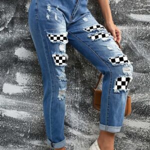 EVALESS Ripped Jeans for Women Boyfriend Distressed Patchwork Print Democracy Mom Jeans 2023 Fashion Wide Leg Losse Baggy Racing Denim Pants with Hole Blue Medium