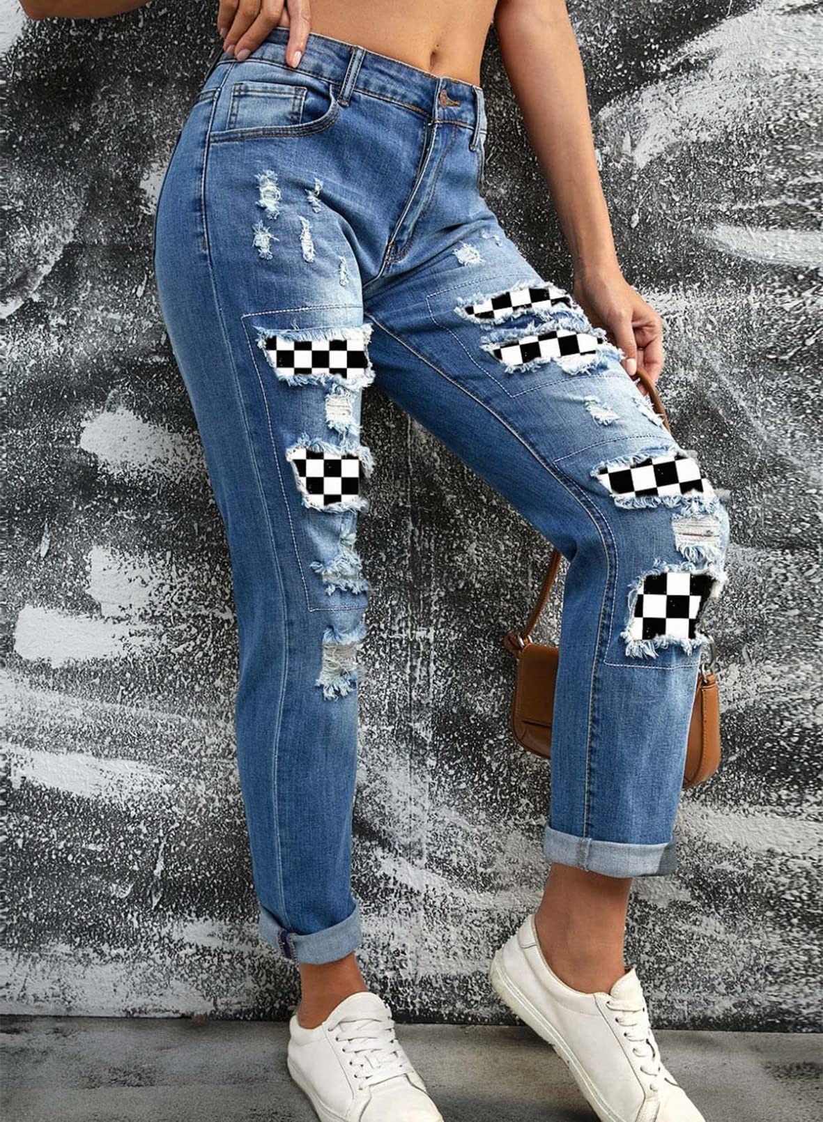 EVALESS Ripped Jeans for Women Boyfriend Distressed Patchwork Print Democracy Mom Jeans 2023 Fashion Wide Leg Losse Baggy Racing Denim Pants with Hole Blue Medium