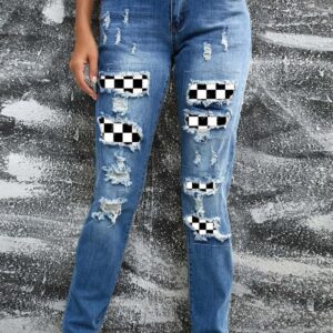 EVALESS Ripped Jeans for Women Boyfriend Distressed Patchwork Print Democracy Mom Jeans 2023 Fashion Wide Leg Losse Baggy Racing Denim Pants with Hole Blue Medium