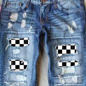 EVALESS Ripped Jeans for Women Boyfriend Distressed Patchwork Print Democracy Mom Jeans 2023 Fashion Wide Leg Losse Baggy Racing Denim Pants with Hole Blue Medium