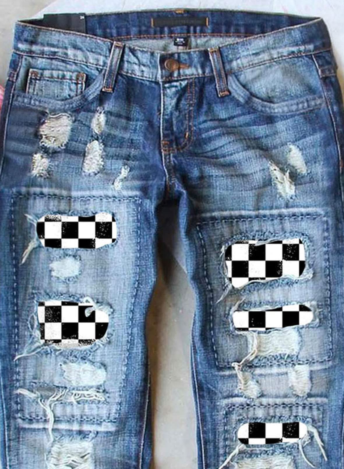 EVALESS Ripped Jeans for Women Boyfriend Distressed Patchwork Print Democracy Mom Jeans 2023 Fashion Wide Leg Losse Baggy Racing Denim Pants with Hole Blue Medium