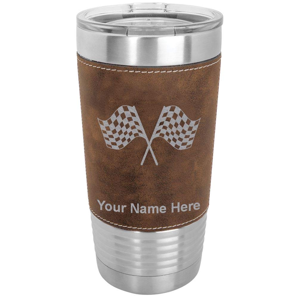 LaserGram 20oz Vacuum Insulated Tumbler Mug, Racing Flags, Personalized Engraving Included (Faux Leather, Rustic)