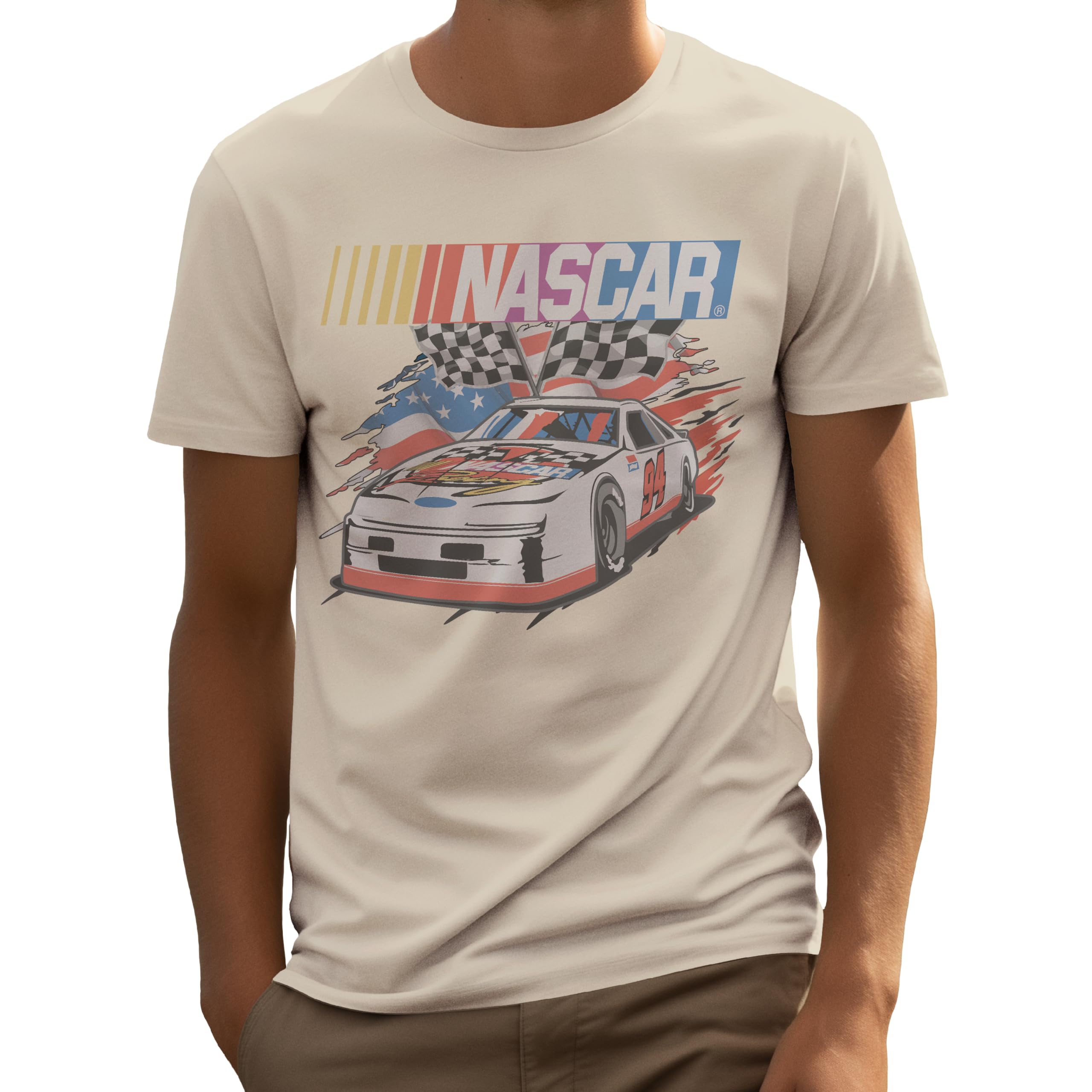 NASCAR American Pride Car 94 Racing Flags Distressed Men's and Women's Short Sleeve Unisex T-Shirt (Beige, X-Large)