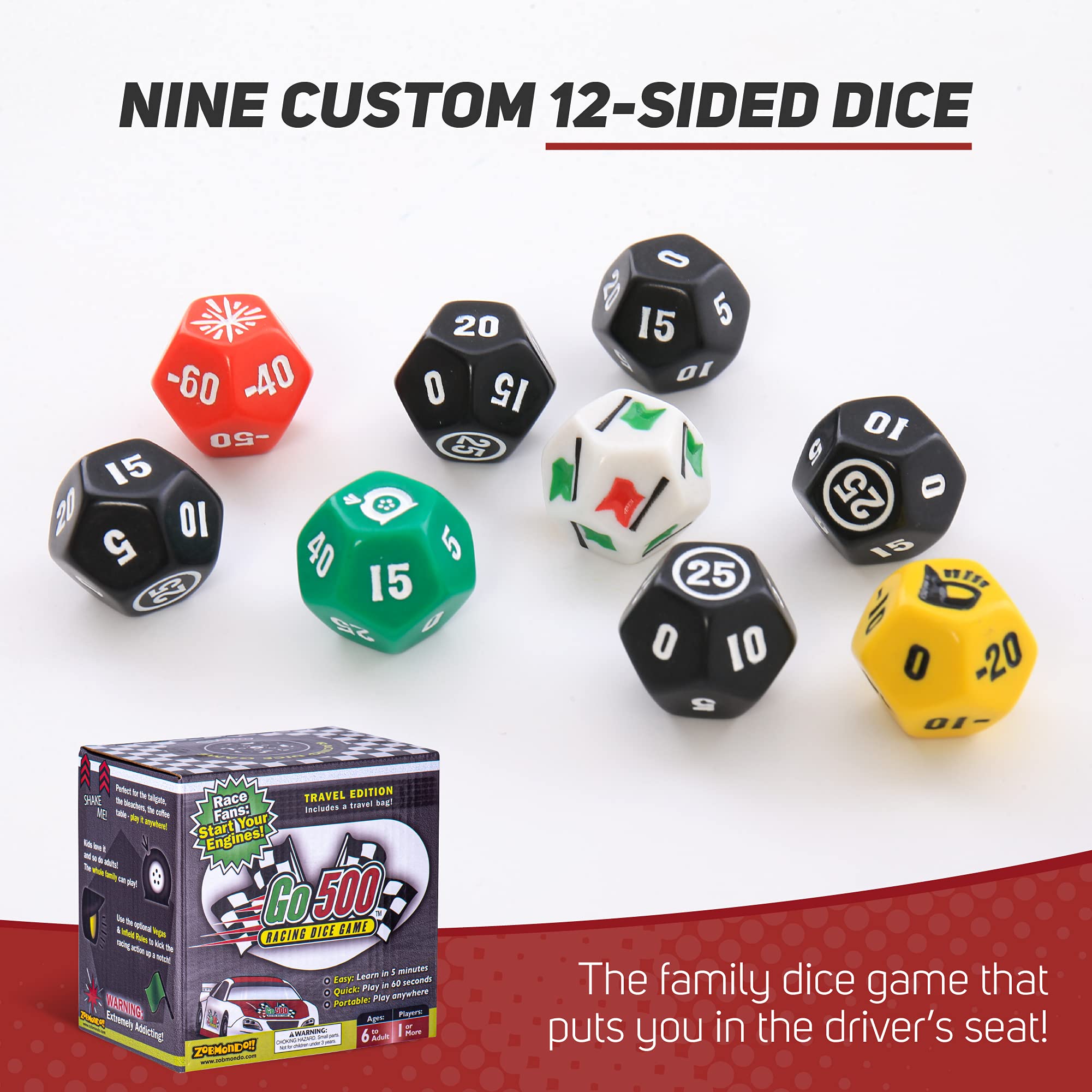 Zobmondo!! Go500 Car Racing Dice Game | Great for NASCAR Fans, Families, and Kids | Portable Fun Game for Home, Travel, Camping, Bleachers, Vacation, Beach