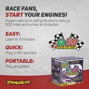 Zobmondo!! Go500 Car Racing Dice Game | Great for NASCAR Fans, Families, and Kids | Portable Fun Game for Home, Travel, Camping, Bleachers, Vacation, Beach