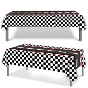 2 PCS Racing Car Plastic Tablecloths Car Theme Disposable Party Tablecloths Black Checkered Flag Table Covers Racetrack Rectangular Tablecloth for Boys Birthday Baby Shower Home Decor, 54 x 108 Inch