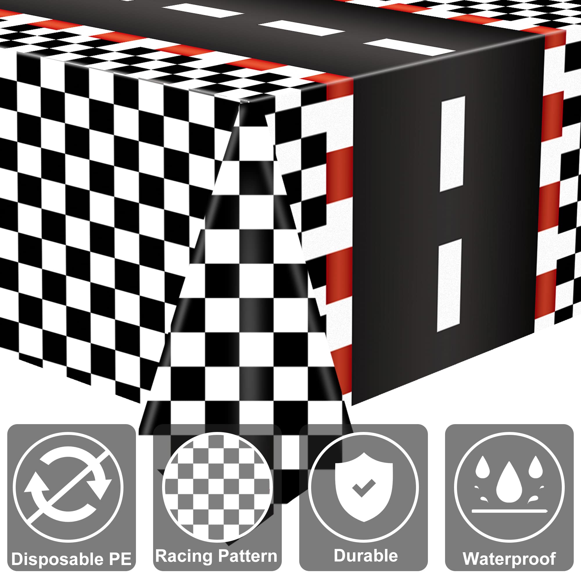 2 PCS Racing Car Plastic Tablecloths Car Theme Disposable Party Tablecloths Black Checkered Flag Table Covers Racetrack Rectangular Tablecloth for Boys Birthday Baby Shower Home Decor, 54 x 108 Inch