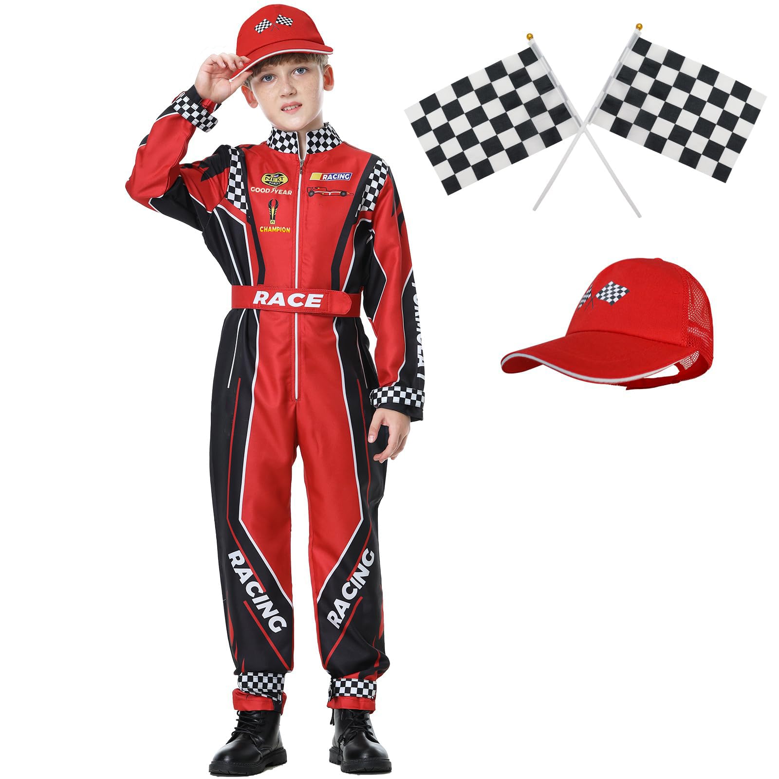 Treyrea Race Car Driver Costume Boys Racer Jumpsuit With Car Cap Kids Dress Up for Halloween (Red and Black, XL(for height 57"-60"))