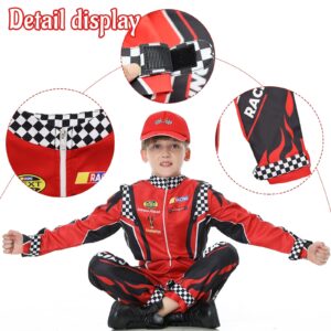 Treyrea Race Car Driver Costume Boys Racer Jumpsuit With Car Cap Kids Dress Up for Halloween (Red and Black, XL(for height 57"-60"))