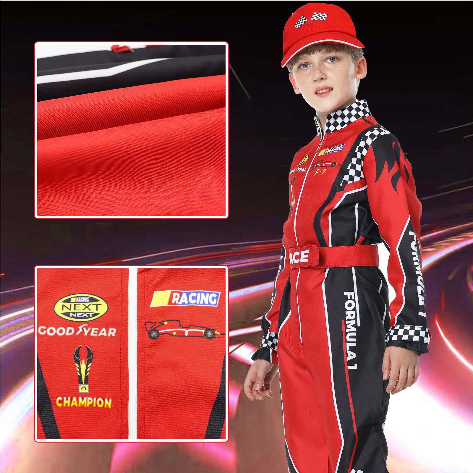 Treyrea Race Car Driver Costume Boys Racer Jumpsuit With Car Cap Kids Dress Up for Halloween (Red and Black, XL(for height 57"-60"))