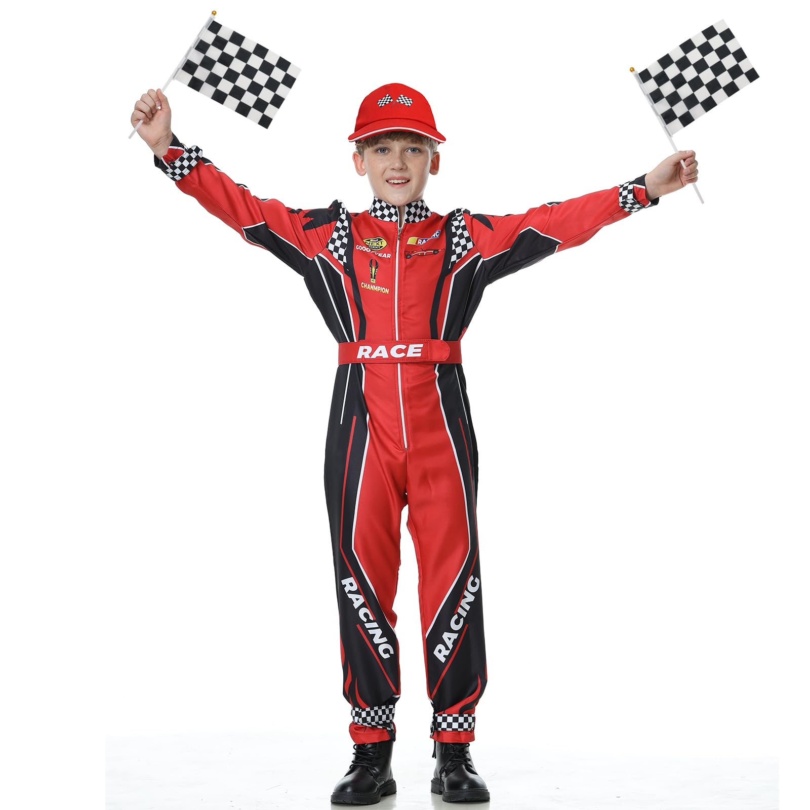 Treyrea Race Car Driver Costume Boys Racer Jumpsuit With Car Cap Kids Dress Up for Halloween (Red and Black, XL(for height 57"-60"))