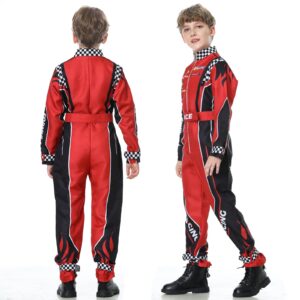 Treyrea Race Car Driver Costume Boys Racer Jumpsuit With Car Cap Kids Dress Up for Halloween (Red and Black, XL(for height 57"-60"))