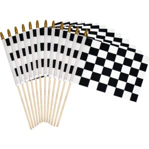 uelfbaby 12pcs 8x12 inch checkered black and white racing flags nascar flags on stick, formula one f1 racing flags hand held stick flags with kid-safe spear top, children's party decoration