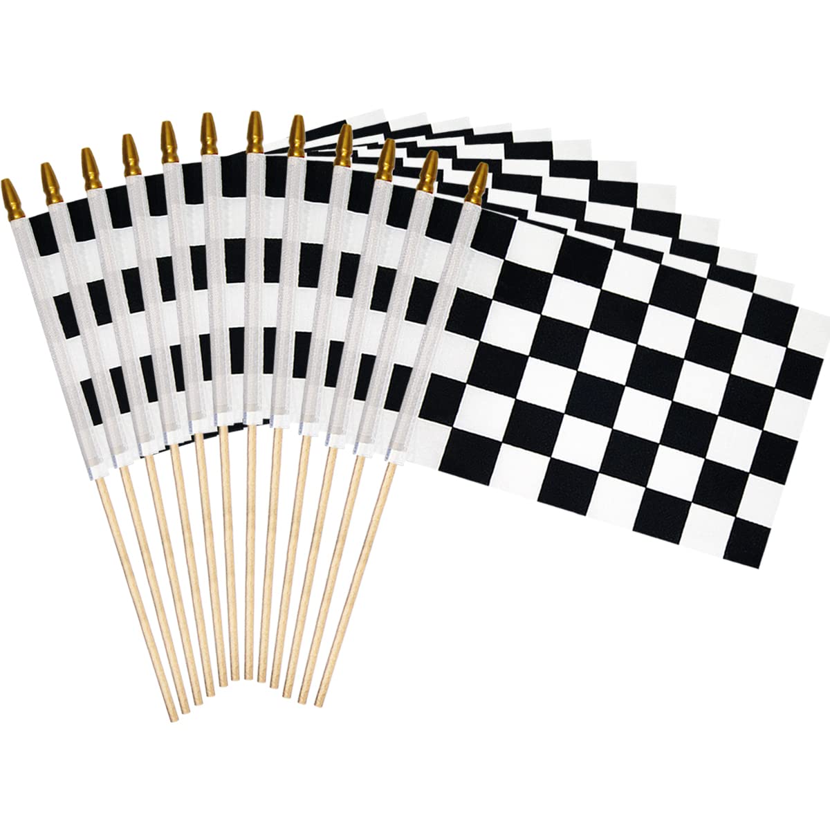 Uelfbaby 12Pcs 8x12 Inch Checkered Black and White Racing Flags NASCAR Flags on Stick, Formula One F1 Racing Flags Hand Held Stick Flags with Kid-Safe Spear Top, Children's Party Decoration