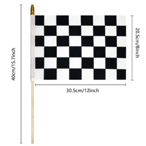 Uelfbaby 12Pcs 8x12 Inch Checkered Black and White Racing Flags NASCAR Flags on Stick, Formula One F1 Racing Flags Hand Held Stick Flags with Kid-Safe Spear Top, Children's Party Decoration