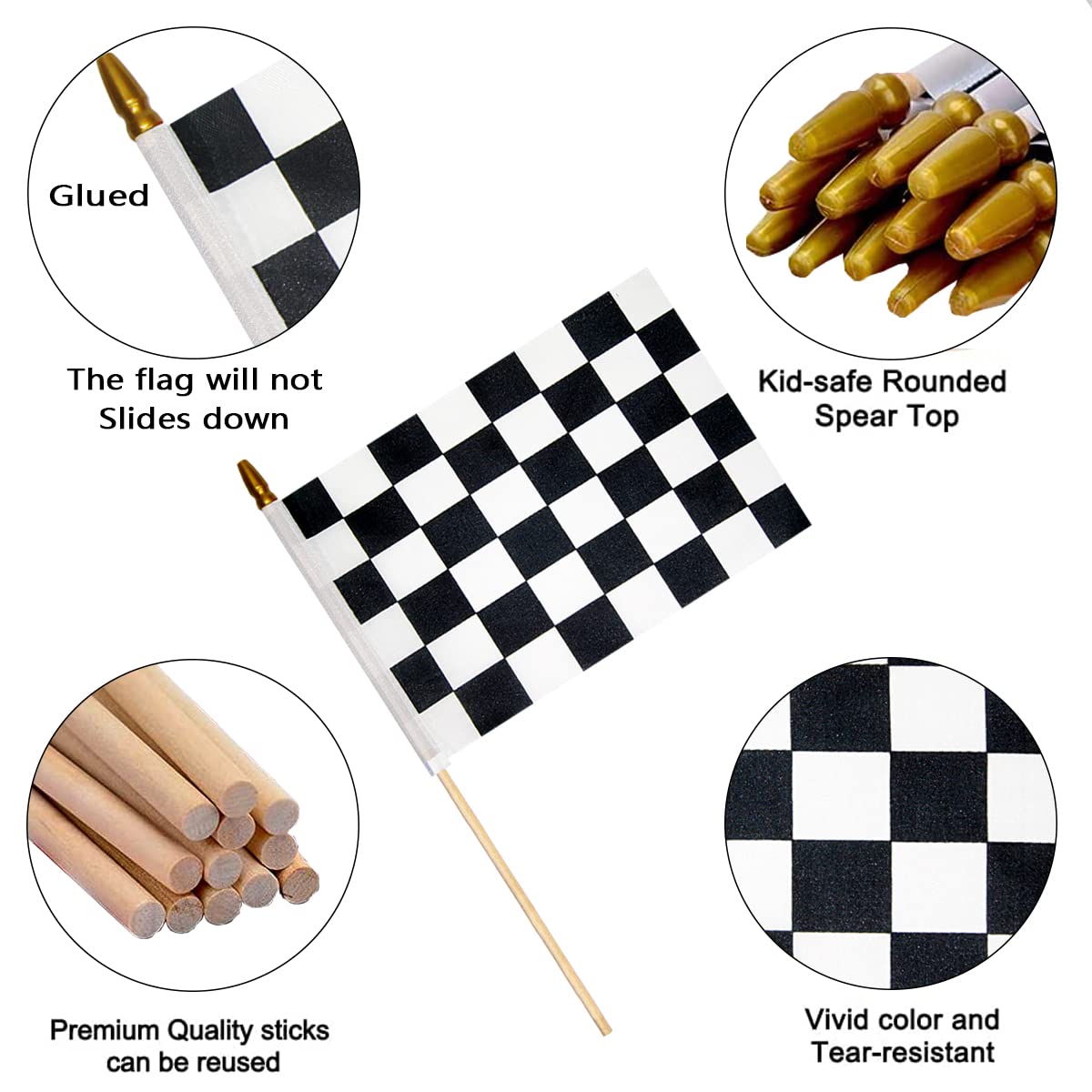 Uelfbaby 12Pcs 8x12 Inch Checkered Black and White Racing Flags NASCAR Flags on Stick, Formula One F1 Racing Flags Hand Held Stick Flags with Kid-Safe Spear Top, Children's Party Decoration