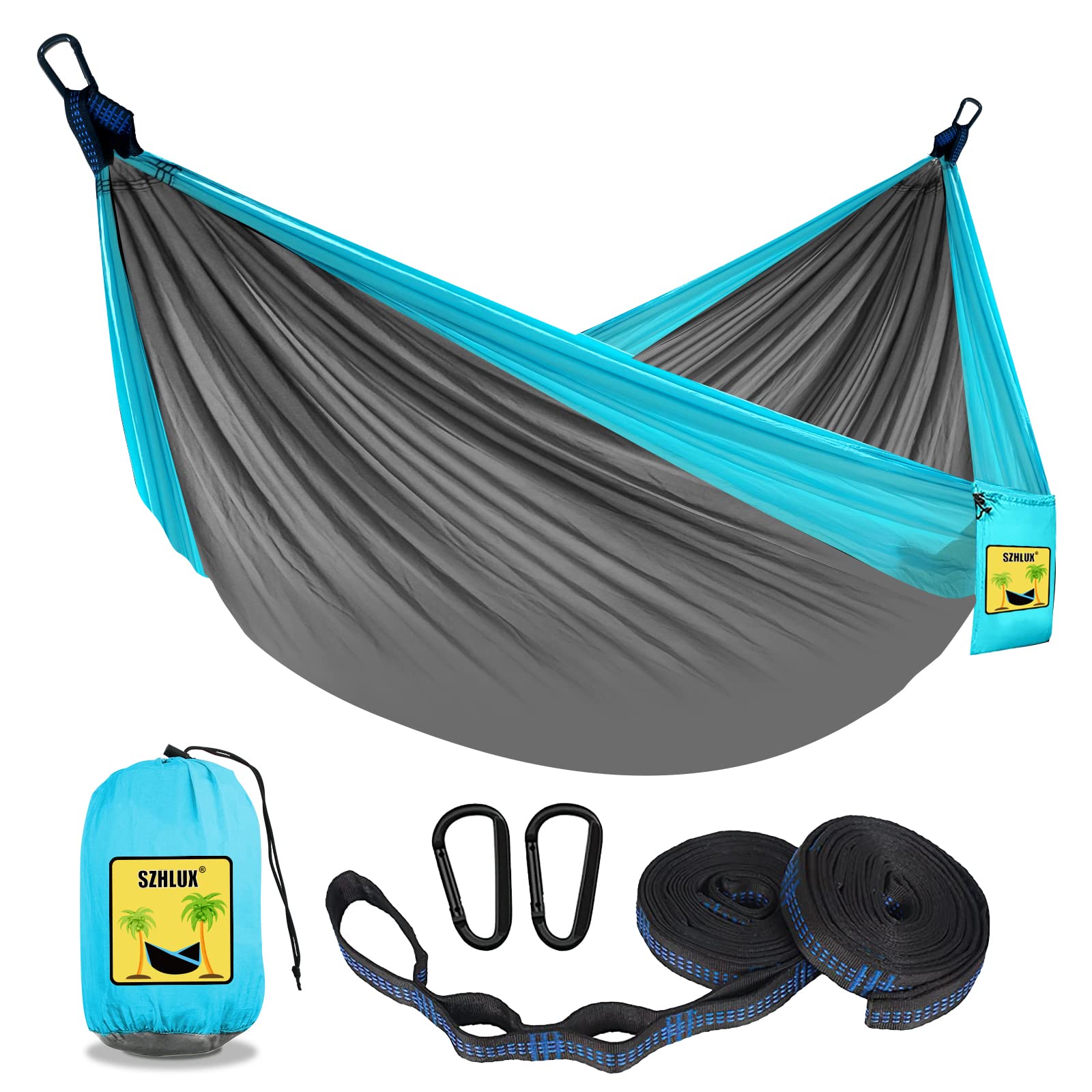 SZHLUX Camping Hammock Double & Single Portable Hammocks with 2 Tree Straps and Attached Carry Bag,Great for Outdoor,Indoor,Beach,Camping,Light Grey / Sky Blue