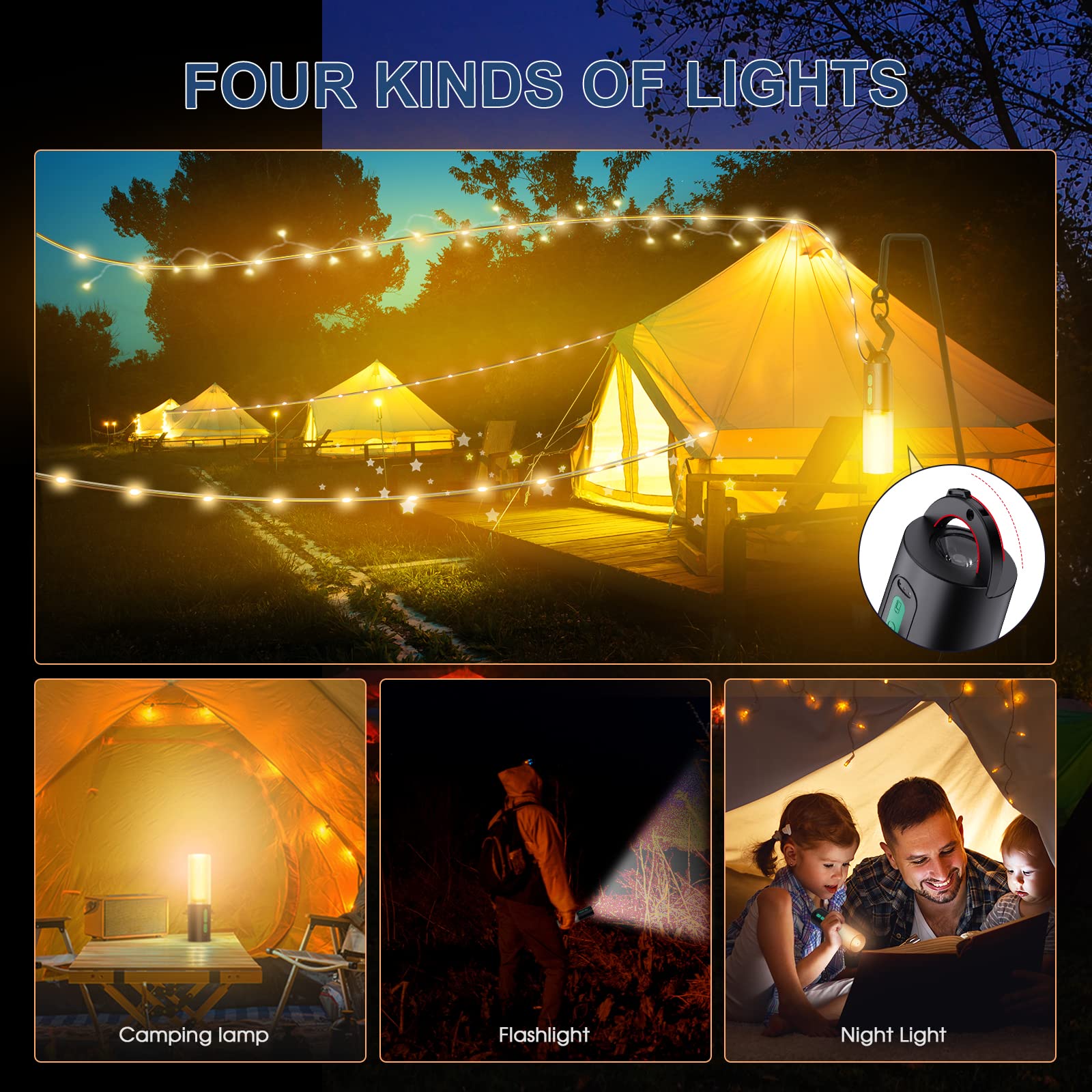 AUDLES Camping String Lights,33Ft Light with Lanterns (4 in 1 Design),Camping Lights 4000mAh Charger,7 Modes,IPX6 Waterproof,Rechargeable Flashlights for Outdoor,Hiking