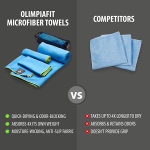 OlimpiaFit Quick Dry Towel - 3 Size Pack of Lightweight Microfiber Travel Towels w/Bag - Fast Drying Towel Set for Camping, Beach, Gym, Backpacking, Sports, Yoga & Swim Use﻿