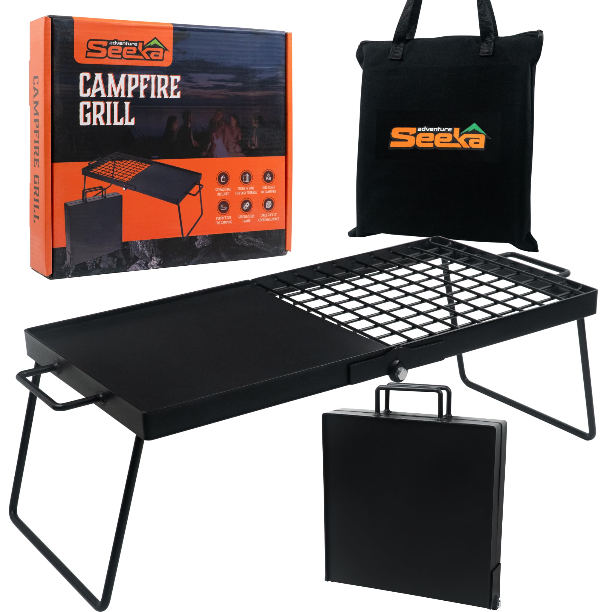 Adventure Seeka Heavy Duty 24" Folding Campfire Grill, Camp Fire Grill With Folding Grill Design For Compact Storage. Campfire Grill Grate And Griddle For Versatile Campfire Cooking