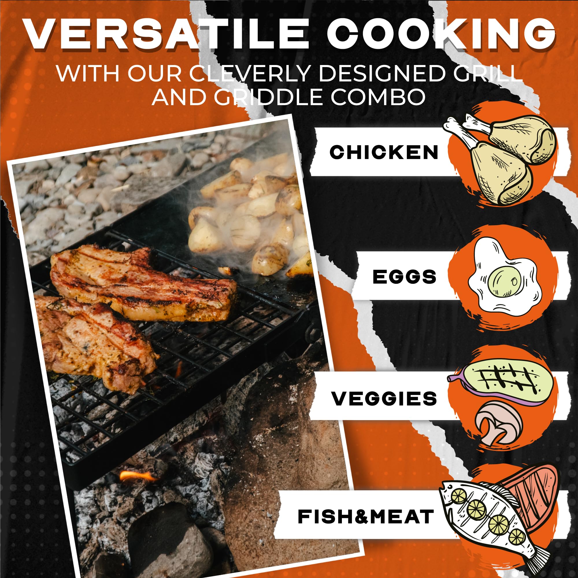 Adventure Seeka Heavy Duty 24" Folding Campfire Grill, Camp Fire Grill With Folding Grill Design For Compact Storage. Campfire Grill Grate And Griddle For Versatile Campfire Cooking