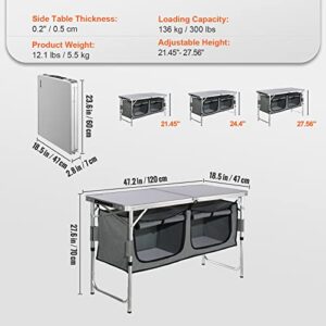 VEVOR Camping Kitchen Table, Aluminum Portable Folding Camp Cooking Station with Storage Organizer, 3 Adjustable Height, Quick Installation for Picnic BBQ Beach Traveling