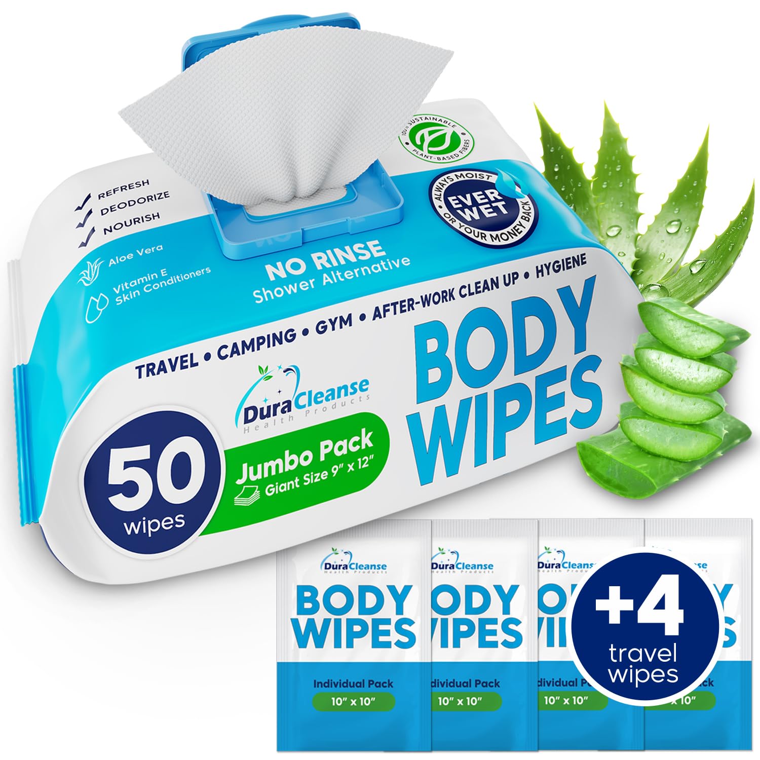 XL Body Wipes for Adults Bathing No Rinse - 50 Ct. + 4 Travel Shower Wipes - 9"x12" Thick Cleansing Bath Wash Wipes for Elderly Incontinence - Disposable Washcloths, Camping Essentials for Women & Men