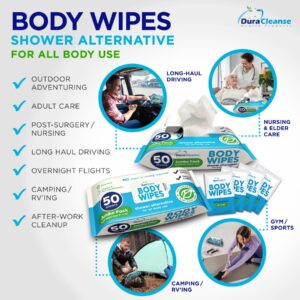 XL Body Wipes for Adults Bathing No Rinse - 50 Ct. + 4 Travel Shower Wipes - 9"x12" Thick Cleansing Bath Wash Wipes for Elderly Incontinence - Disposable Washcloths, Camping Essentials for Women & Men