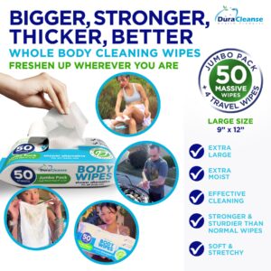 XL Body Wipes for Adults Bathing No Rinse - 50 Ct. + 4 Travel Shower Wipes - 9"x12" Thick Cleansing Bath Wash Wipes for Elderly Incontinence - Disposable Washcloths, Camping Essentials for Women & Men