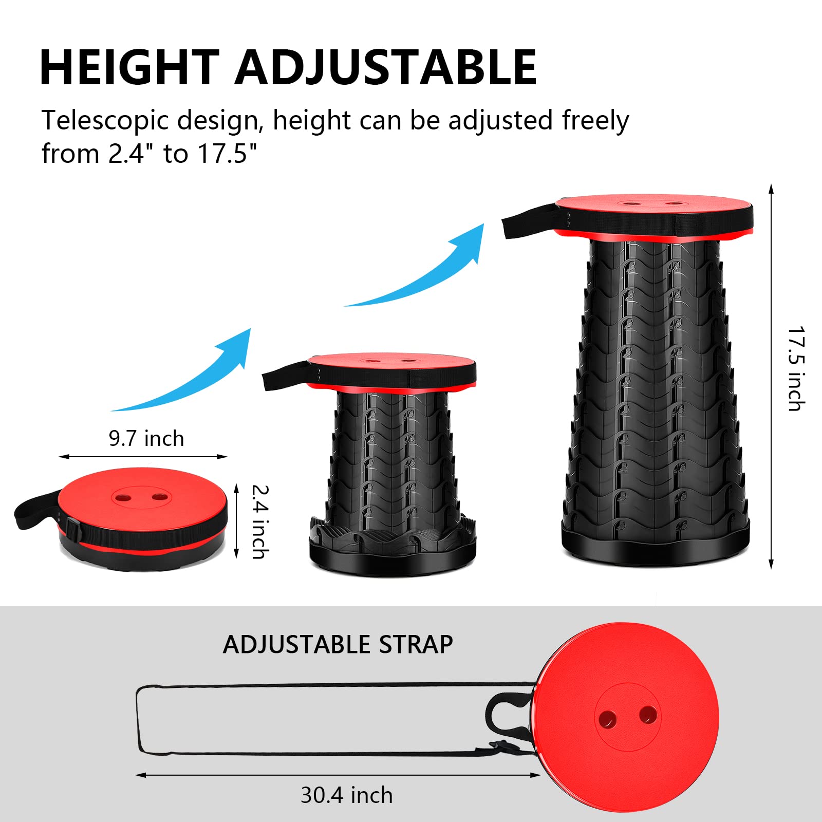 Upgraded Portable Collapsible Telescopic Stool, Sturdy Foldable Stool with Load Capacity of 400lbs, Retractable Camping Stool for Hiking, Fishing Tours BBQ Parties Indoor & Outdoor Activities(Red)