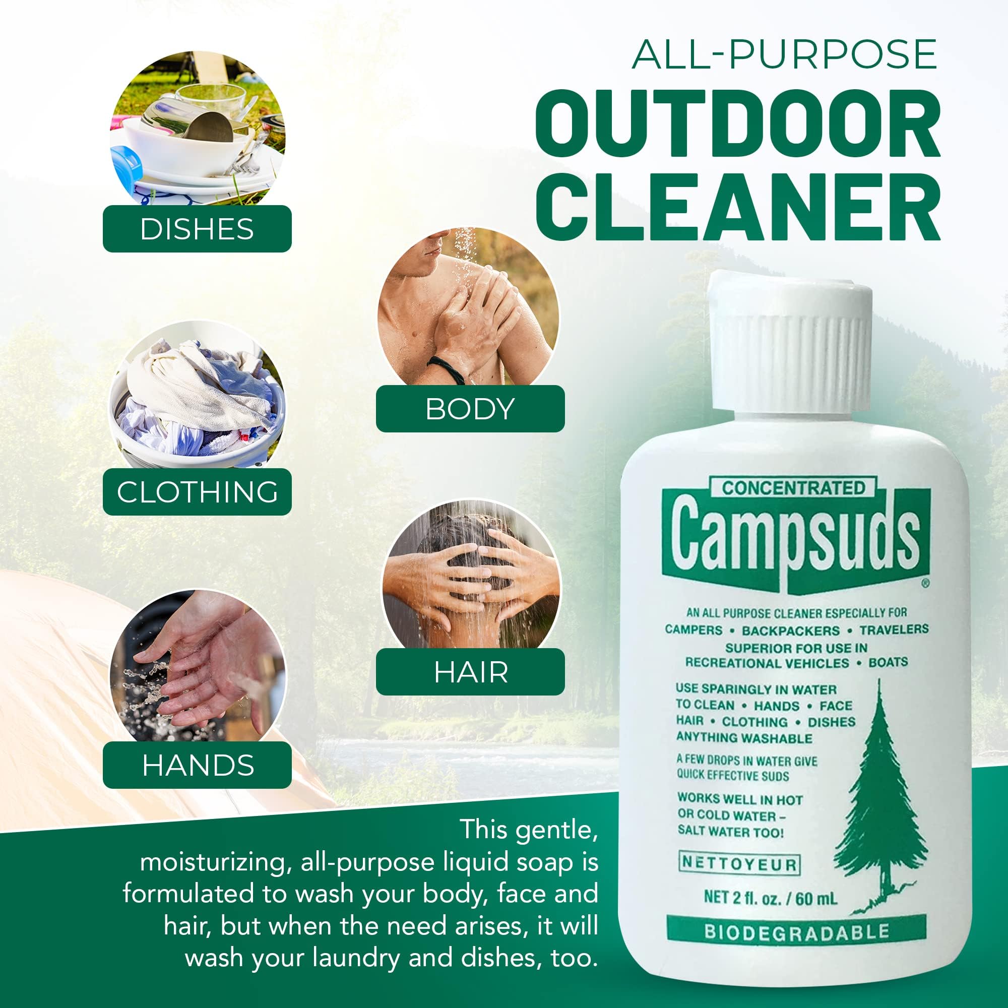 CONCENTRATED CAMPSUDS Outdoor Soap - Environmentally Conscious Camping Soap - Hiking & Camping Supplies - Camp Soap, Backpacking Soap, Travel Soap - Camping Gear Must Haves - 2 Fl Oz Bottle